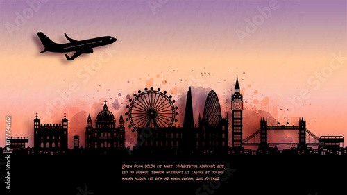 Watercolor of London, England silhouette skyline and famous landmark. vector illustration.