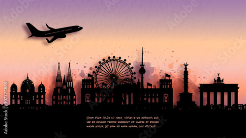 Watercolor of Berlin, Germany silhouette skyline and famous landmark. vector illustration.