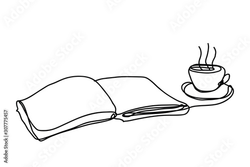 Book and coffee cup ,line drawing style, , vector design