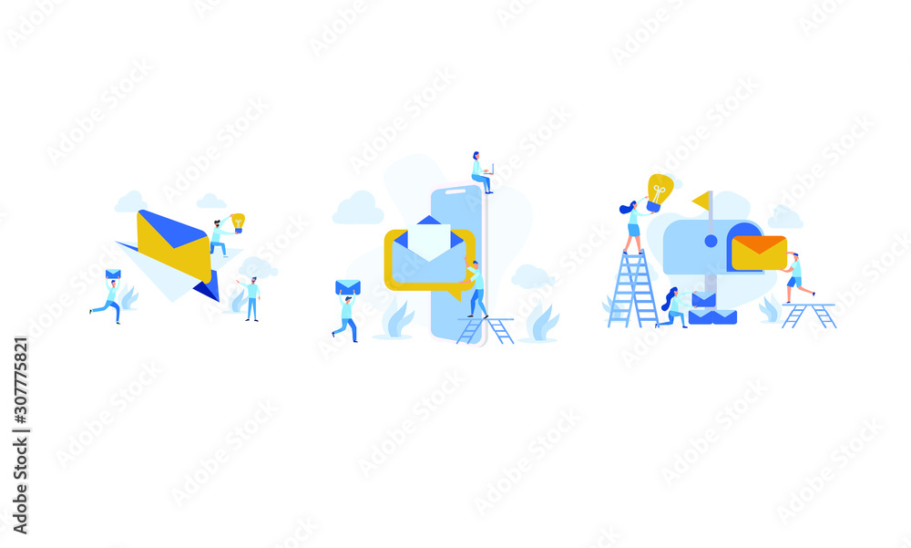 set of illustration of email services with tiny people.flat design. Suitable For Wallpaper, Background, Card,banner, Book Illustration, Web Landing Page set of illustration of email services with tiny people.flat design. Suitable For Wallpaper, Background, Card,banner, Book Illustration, Web Landing Page