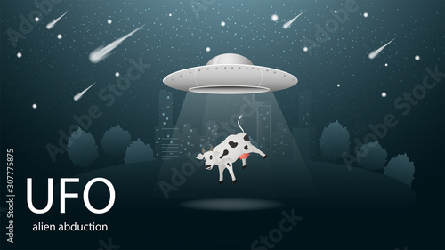 flying saucer UFO abducting animal is the cow in the beam of light banner design in dark blue background illustration of night city among the trees, the starry sky