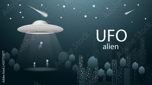 flying saucer UFO aliens fly away loading into spaceship beam of light banner design in dark blue background illustration night city among trees starry sky