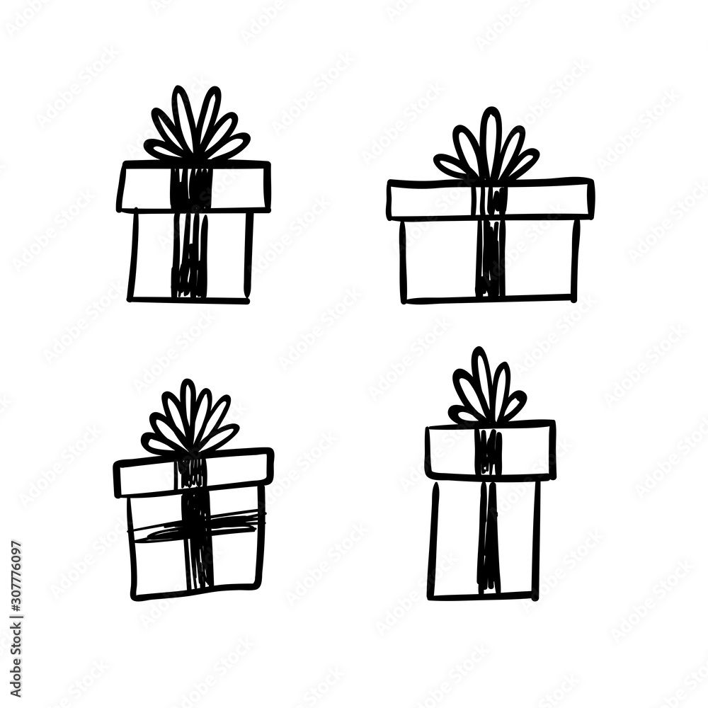 Gift box doodles. Christmas presents hand drawn illustration.