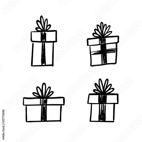 Gift box doodles. Christmas presents hand drawn illustration.