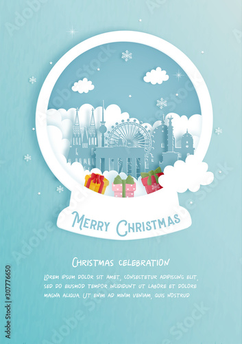 Christmas card with Germany famous landmark. Christmas celebrations in paper cut style. Vector illustration.