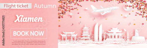 Flight and ticket advertising template with travel to Xiamen, China in autumn season deal with falling maple leaves and famous landmarks in paper cut style vector illustration