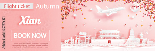 Flight and ticket advertising template with travel to Xian, China in autumn season deal with falling maple leaves and famous landmarks in paper cut style vector illustration
