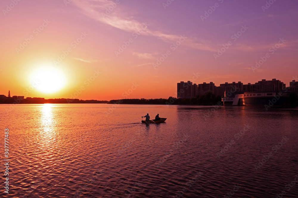 Fishing boats sail in rivers, Tangshan City, Hebei Province, China