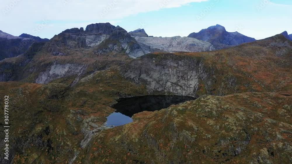 Panorama of mountain lake in Lofoten mountains, Norway, aerial shot Panorama of mountain lake in Lofoten mountains, Norway, aerial shot