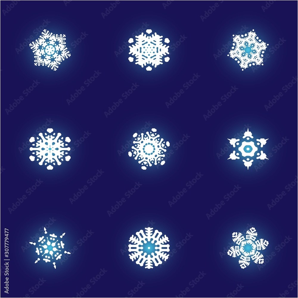 Kit of isolated silhouettes of snowflakes on blue background. Kit of isolated silhouettes of snowflakes on blue background.