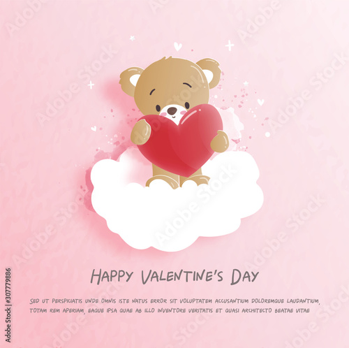 Valentines card with cute teddy bear in paper cut style vector illustration.