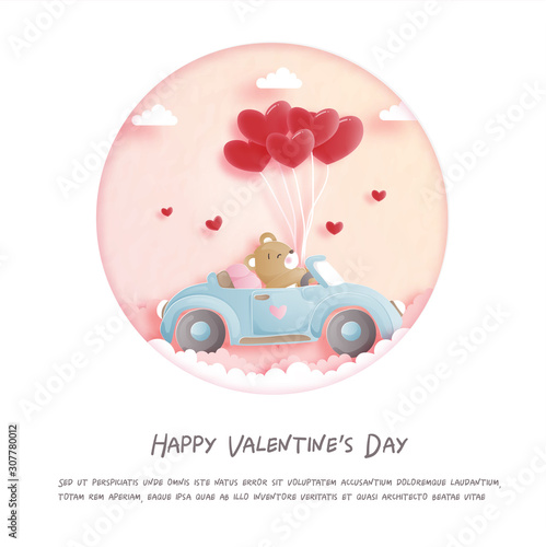 Valentines card with cute teddy bear in paper cut style vector illustration.