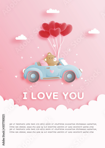 Valentines card with cute teddy bear in paper cut style vector illustration.