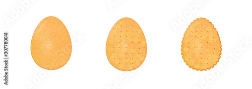 Set Easter realistic egg crackers. Chips shape eggs isolated on white background. Design biscuit for breakfast and tasty snack, holiday food. Vector illustration