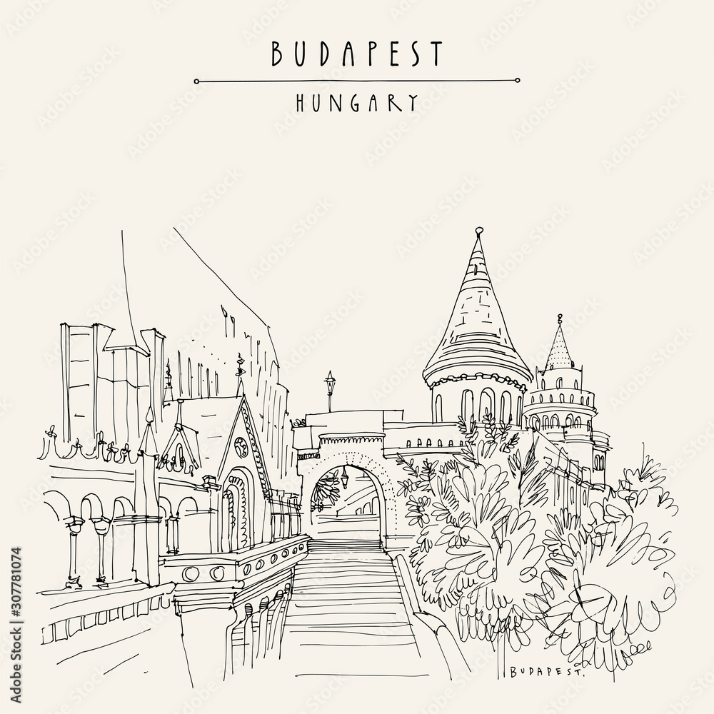 Budapest, Hungary. Buda Castle. Fisherman's Bastion on Buda Hill. Architectural hand drawing. Travel sketch