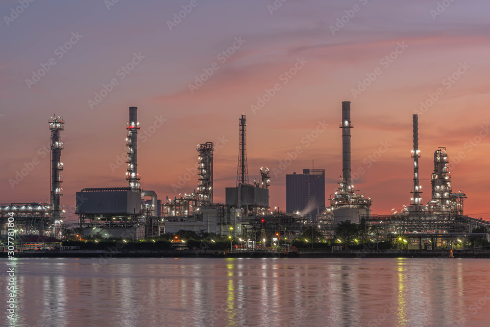 Industrial factories, oil refineries, export oil production areas in the morning, beautiful sky.