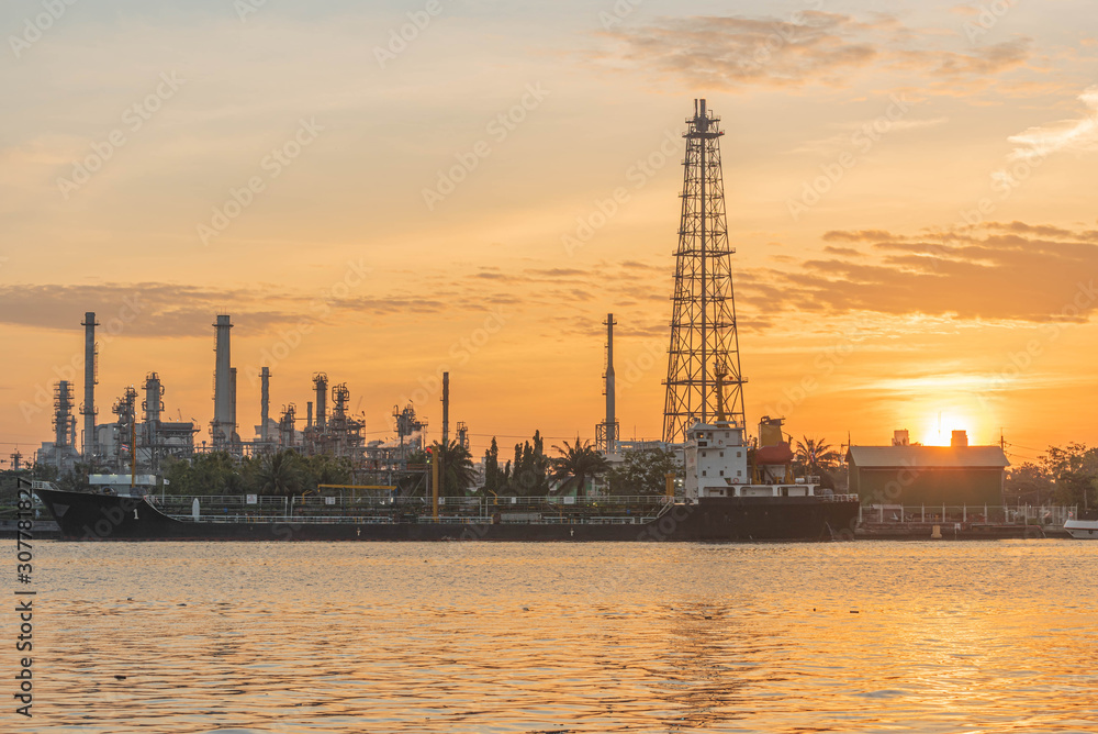 Industrial factories, oil refineries, export oil production areas in the morning, beautiful sky.