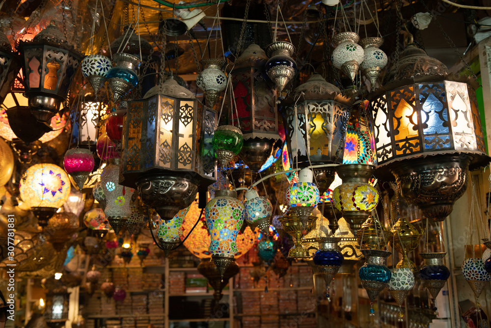 Looking Up At Various Lamps Designs Hanging from the Ceiling in the City of Jerusalem