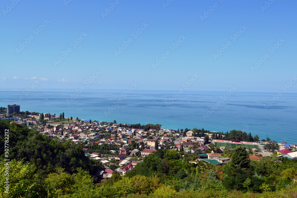 Panorama of the coastal town on the black sea from a height