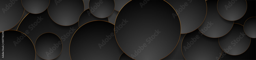 Tech geometric background with abstract golden and black circles. Vector banner design - obrazy, fototapety, plakaty 