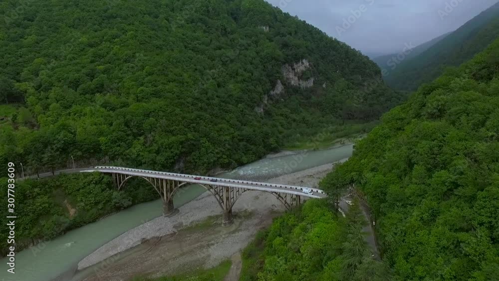 Aerial view of Mountain gorge and bridge in Abkhazia Aerial view of Mountain gorge and bridge in Abkhazia