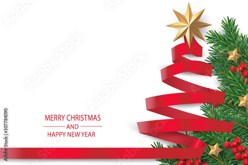 Merry Christmas and Happy New Year. Christmas tree made by Red ribbon roll with decoration and golden star. 