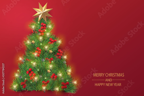 Merry Christmas and Happy New Year. Christmas greeting card made by Christmas tree and light bulbs with decoration in red background.