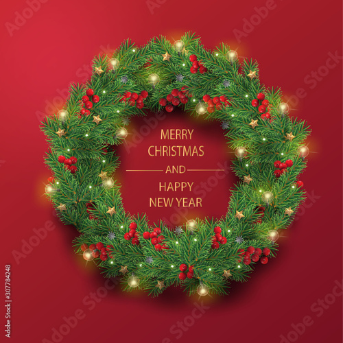 Merry Christmas and Happy New Year. Illustration of Christmas wreath and light bulbs with decoration in red background.	