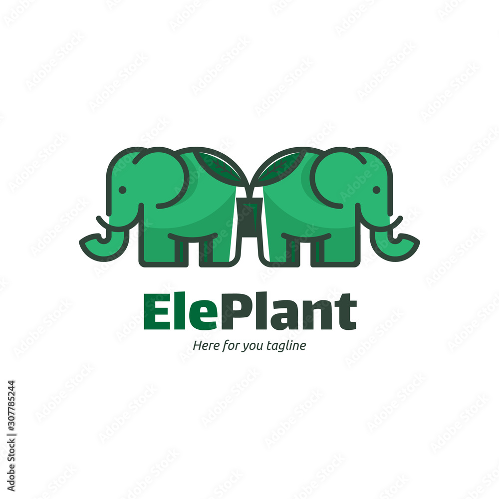 Elephant and plant icon, eleplant logo with nature and two elephant concpet