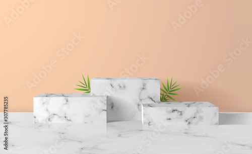 White marble Square, rectangle podium in white background. decor by palm, monstera leaves scene stage mockup showcase for product, sale, banner, presentation, cosmetic, offer. 3d illustration vector.