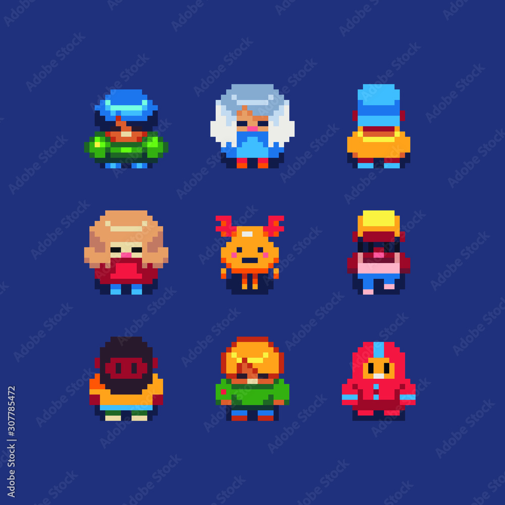 Cute people video game character top down art stile, boy, moose, man with a and guy. Game assets. Design for stickers, logo, web, mobile app. Isolated illustration. Stock
