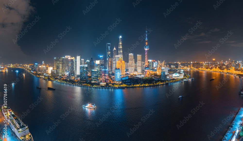 Naklejka premium Panoramic aerial photographs of the night view of Lujiazuno City, Shanghai, China