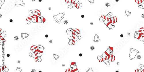 bear seamless pattern Christmas polar bear vector Santa Claus hat candy cane bell snowflake scarf isolated repeat wallpaper teddy cartoon tile background illustration doodle design
