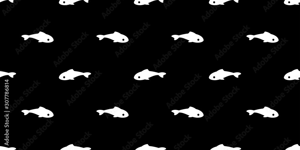 Fototapeta premium fish seamless pattern vector shark salmon dolphin tuna whale scarf isolated cartoon tile background repeat wallpaper illustration black design