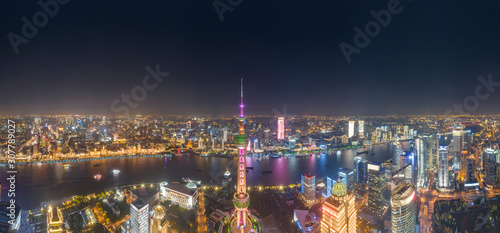 Panoramic aerial photographs of the night view of Lujiazuno City, Shanghai, China