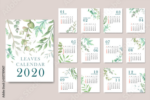 Calendar for 2020 with watercolor leaves