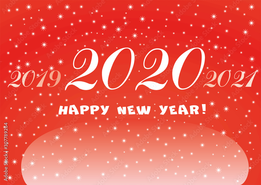 2020 Happy New Year red background with white stars and snowflakes.