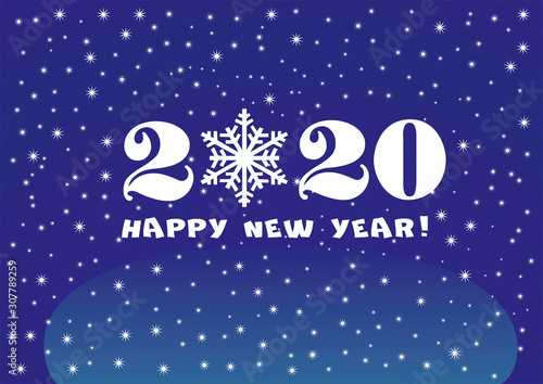 2020 Happy New Year classic blue background with white stars and snowflakes.