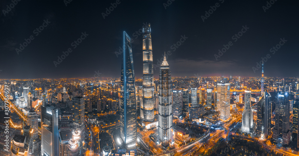 Obraz premium Panoramic aerial photographs of the night view of Lujiazuno City, Shanghai, China