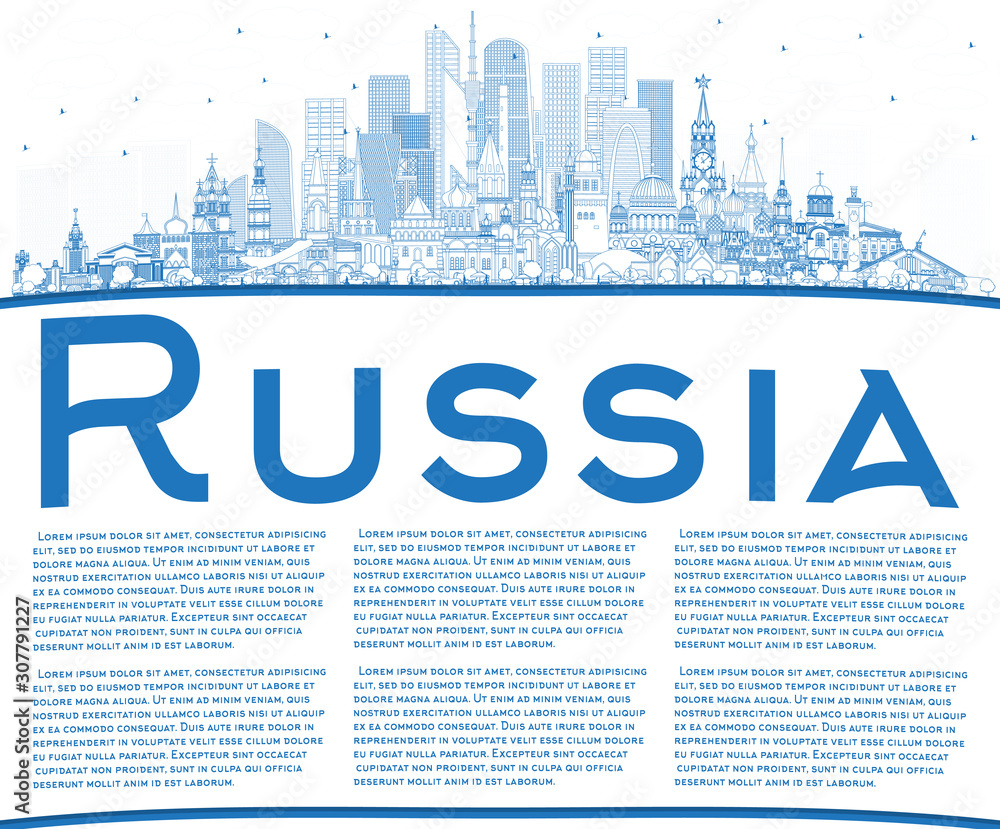 Outline Russia City Skyline with Blue Buildings and Copy Space.