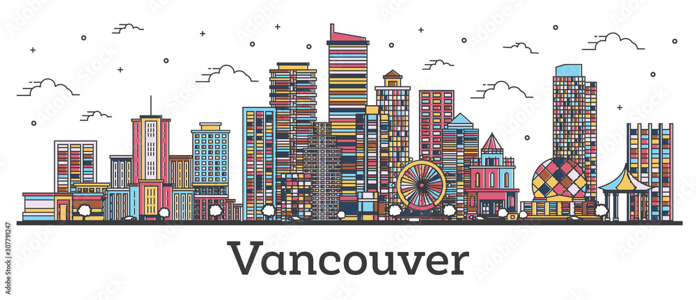 Naklejka premium Zarys panoramę miasta Vancouver Kanada z budynków kolor na białym tle.
