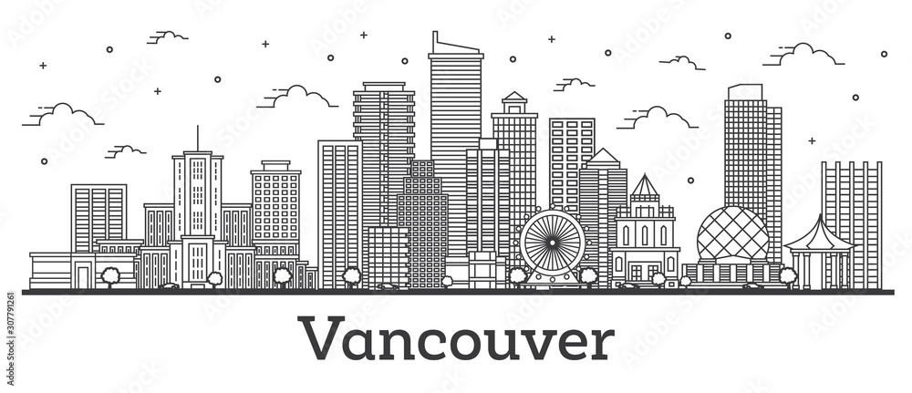Fototapeta premium Outline Vancouver Canada City Skyline with Modern Buildings Isolated on White.
