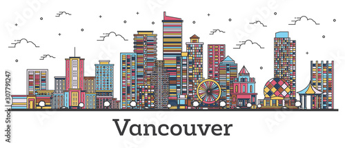Outline Vancouver Canada City Skyline with Color Buildings Isolated on White.