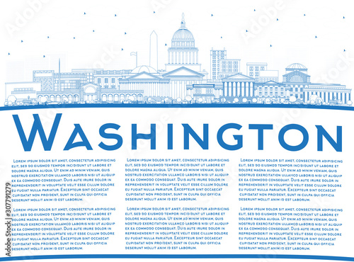 Wallpaper Mural Outline Washington DC USA City Skyline with Blue Buildings and Copy Space. Torontodigital.ca