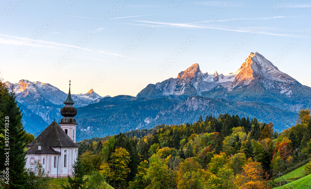 The small church of Maria Gern and Mount Watzmann in the first morning light