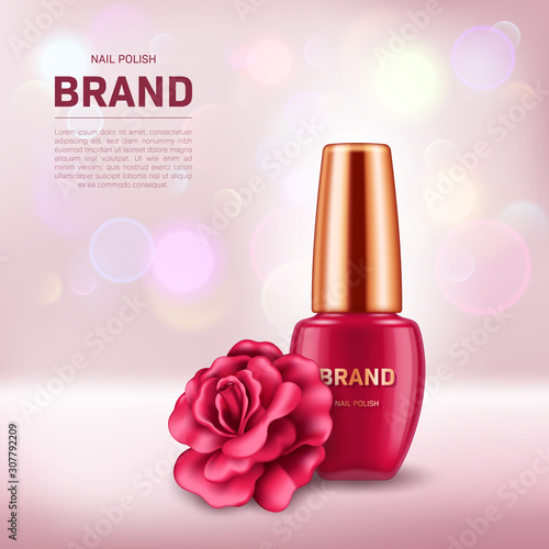 Realistic nail polish bottle with golden lid and rose on background with bokeh lights. Cosmetic brand advertising concept design