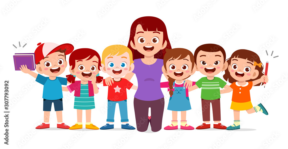 happy cute kids smile with teacher together happy cute kids smile with teacher together