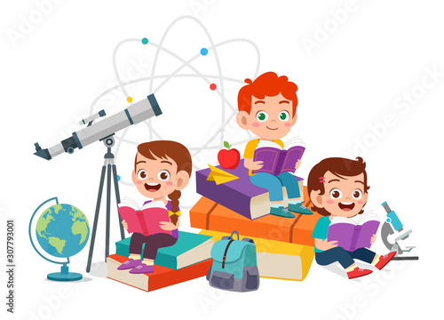 happy cute kids boy and girl read book together