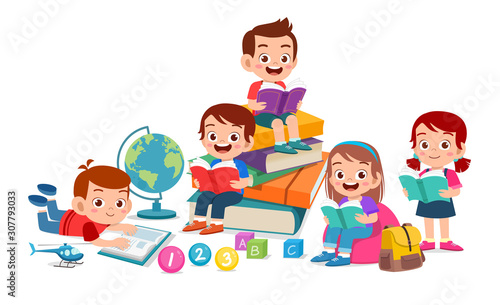 happy cute kids boy and girl read book together