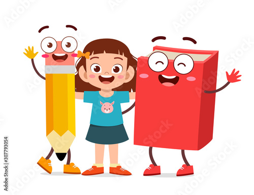 happy cute kid girl stand with book and pencil